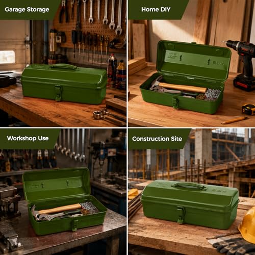 14.6" Metal Tool Box with Lock, Portable Steel Tool Storage Case with Handle, Hardware Organizer for Workshop Garage Car Repair (Green) Green