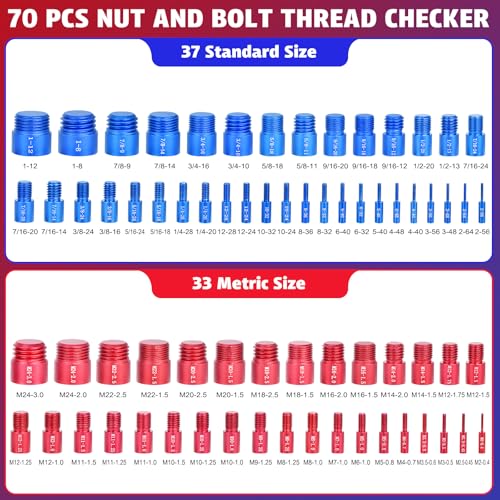 70 Pcs Thread Checker Nut and Bolt Thread Checker Set with 37 Inch and 33 Metric Box Set Thread Gauge SAE and Metric Sizes Perfect for Tight Spaces Ideal for Bolt and Nut Size Checking