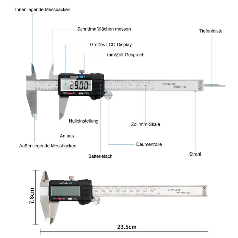 Digital Caliper, Qfun Stainless Steel Caliper Measuring Tools 150mm Splashproof Dustproof Digital Caliper with LCD Display for Household and Industrial Measuring Gauge IP54-Black
