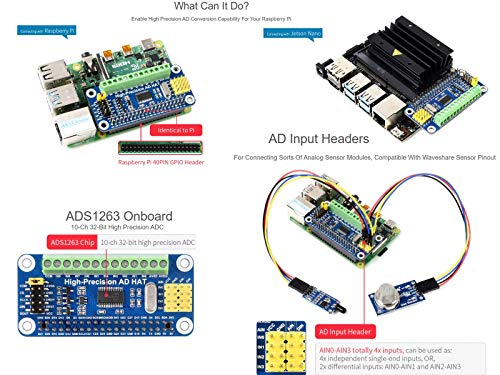 High-Precision AD HAT Compatible with Raspberry Pi 4B/3B+/3B/2B/Zero/W/Zero WH, Jetson Nano Expansion Board with ADS1263 10-CH 32-bit High Precision ADC 24-bit Auxiliary ADC High-Precision AD HAT for Raspberry Pi