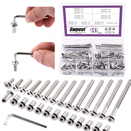 Swpeet 282Pcs 14 Different Sizes M6x16mm-80mm Carbon Steel Black and Nickel Plated Sliver Barrel Nuts Kit