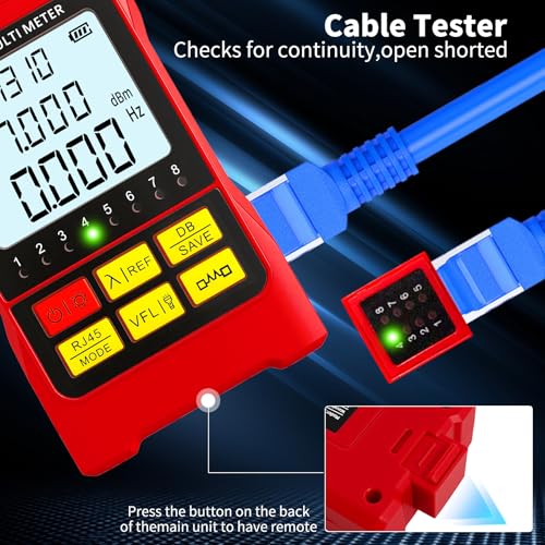 Portable 5-in-1 Fiber Optic Cable Tester with Optical Power Meter, Cable Finder, Visual Fault Locator & RJ45 Network Cable Test, SC/FC/ST Universal Interface with LC Adapter Red