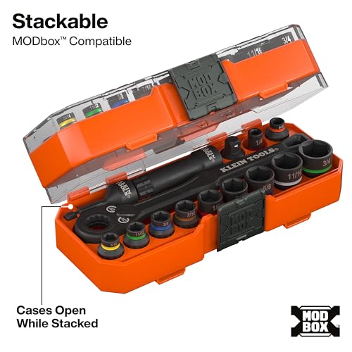 Klein Tools 65400 KNECT 15-Piece Pass Through Socket Set, SAE Impact Set with MODbox Case, Sockets, Bits, Accessories and 3/8-Inch Drive Adapter