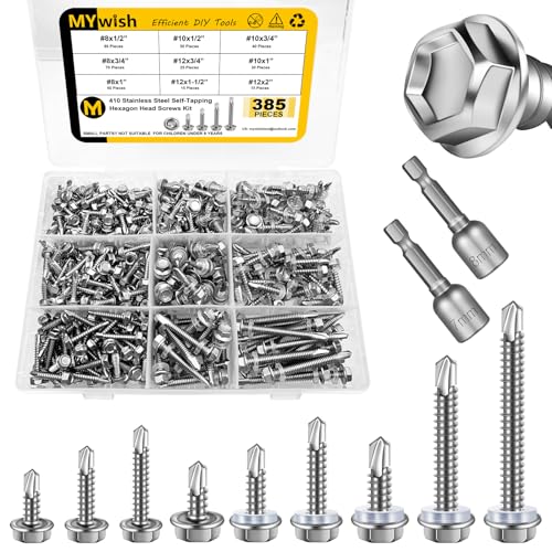 Mywish 385 Pieces #8#10#12 Hex Head Self Drilling Screws Assortment Kit & 100pcs #10 x 1 Hex Head Self-Drilling Sheet Metal Roofing Screws, High Strength Sheet Metal Screws