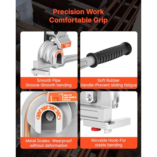 VEVOR Pipe Tube Bender, 1/4", 3/8", 1/2" (12.7 mm) OD, 3 in 1 Manual Level Tube Bender, 180° Copper Aluminum Pipes Bending Tools for HVAC, Pneumatic and Automotive Lines（NOT FOR PLUMBING）
