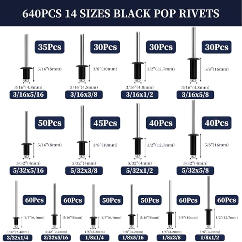 ZQZ 970Pcs Pop Rivets Assortment Kit Black Aluminum Rivet3/32 1/8 5/32 3/16 970/set