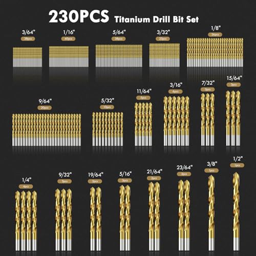 230Pcs(3/64" - 1/2") Titanium Twist Drill Bit Set 3/64" - 1/2" - 230pcs HSS