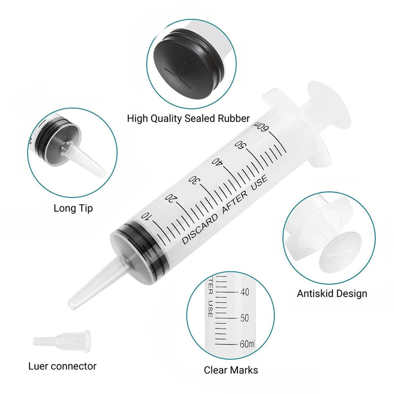 Pack of 2 syringes 60 ml/cc with tubes and blunt needles, reusable, individually packed, sterile, measuring liquids, plant irrigation, animal feeding, scientific laboratories, industry 2x 60ml + 2x cannula + 2x tube