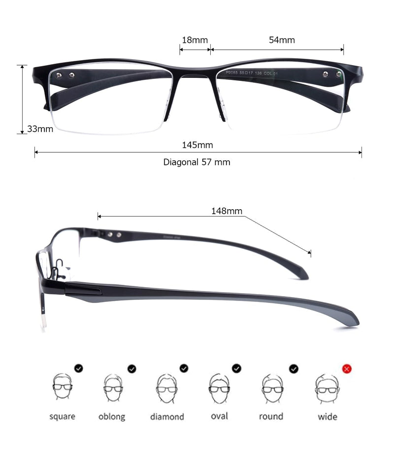 Blue Light Glasses for Men Semi Rimless Rectangular Computer Glasses Blue Blocker Anti Glare UV400 Protection Black