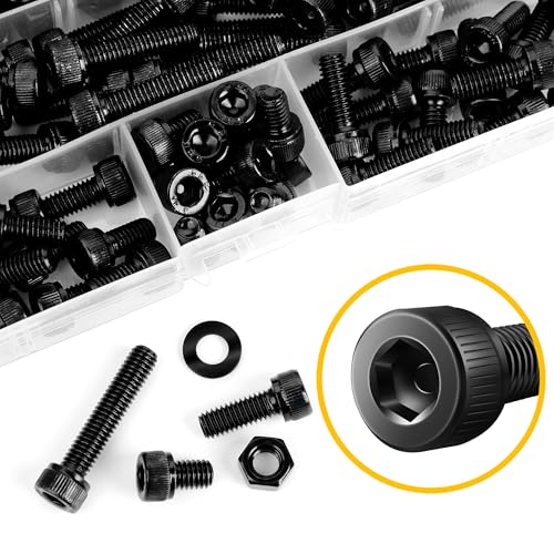 Mywish 30Pcs M6 x 50mm M6 Screws & 240Pcs M6 Bolt Nuts and Bolts Assortment Kit, M6 Screw x 8/12/16/20/25/30mm, Flat Head M6x1.0 Bolt Hex Socket Cap Screws Bolts, Metric Screw Assortment