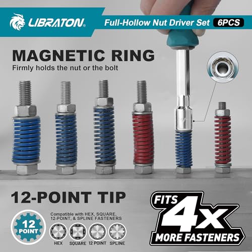 LIBRATON Full-Hollow Nut Driver Set SAE, 12-Point Magnetic Nut Drivers 6