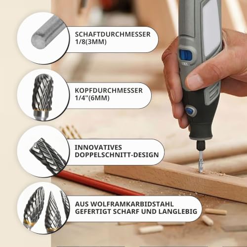 6 Piece Carbide Burr Set, Tungsten Carbide Cutter 6 mm Shank, Carbide Burr with Double Cut, with 1/8 Inch Shank, for Grinding Machine, Carving, Metal Polishing, Engraving, Drilling