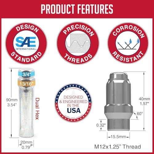 Wheel Accessories Parts 24 Pcs M12x1.25 12x1.25 Thread ET Bulge Acorn (Extra Thread) 1.57" Long Spline Lug Nuts Chrome Spline Hex Fits Nissan Titan (Non XD) with Aftermarket Wheels Spline ET