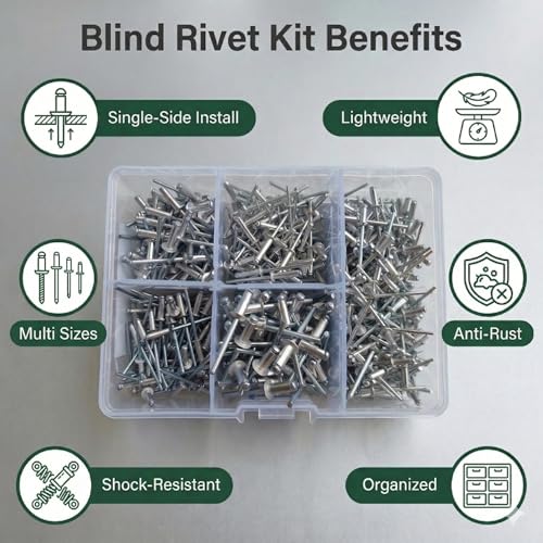 630Pcs Aluminum/Steel Pop Rivets Assortment Kit 1/8" 5/32" 3/16"
