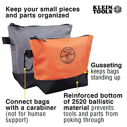Klein Tools 55470 Utility Bag, Stand-Up Zipper Tool Bags, Orange/Black, Gray/Black, 2-Pack & 5139 Zipper Bag, Canvas Tool Pouch 12.5 x 7 x 4.25-Inch with Heavy Duty Brass Zipper Close, Natural