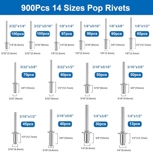 smseace 1500Pcs Pop Rivets with 304 Stainless Steel Washers Assortment Kit Packed in Handheld Box 14-Sizes (3/32" 1/8" 5/32" 3/16"1/4") Assorted Blind Rivets for Metal,Furniture,Automotive,Instrument Silver Aluminum 1500pcs 14-Sizes