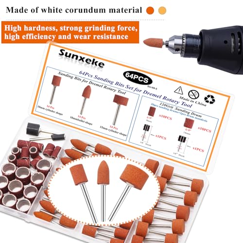 64Pcs Sanding Bits for Dremel Rotary Tools, 42Pcs Aluminum Oxide Grinding Stones Sanding Drill Bits (1/8 inch Shank) and Sanding Drums,Sanding Accessories for Metal Rust Removal Polishing