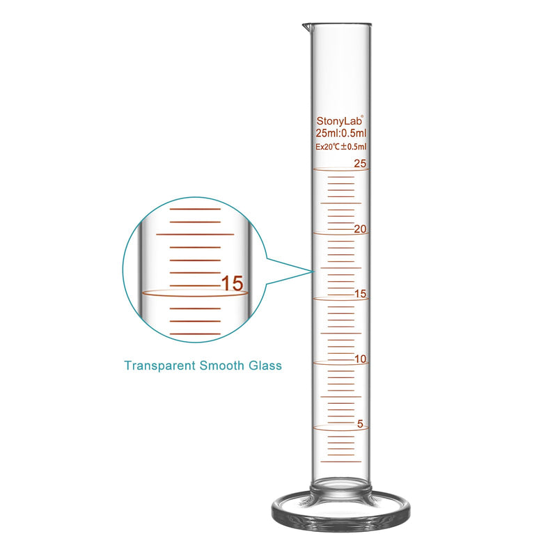 StonyLab 4-Pack Borosilicate Glass 25ml Heavy Wall Graduated Cylinder Measuring Cylinder, 10ml 25 ml
