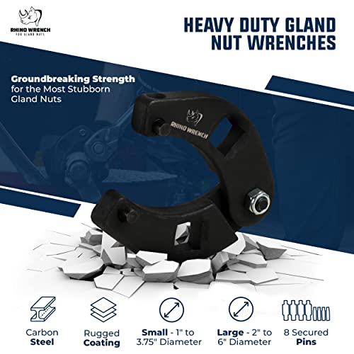 ELEON Rhino Gland Nut Wrench - Set of 2 Adjustable Hydraulic Cylinder Pin Spanner Wrench - Heavy Duty Set Includes Gloves, Towel, Secure Pins - For Farm & Construction Equipment Nuts Under 7 Inches