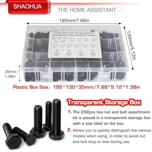M6 M8 M10 M12 Metric Bolts and Nuts Assortment Kit 16MM to 60MM Grade 8 Hex Head Nuts Bolts Washers Assortment 15 Metric Sizes Nuts and Bolts Assortment Kit with Storage Case, 232PCS, Black Black- 232PCS M6 M8 M10 M12