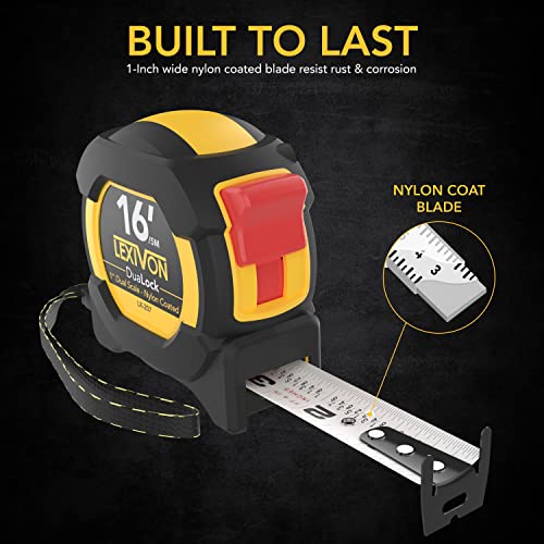 LEXIVON [4-Pack] 16Ft/5m DuaLock Tape Measure | 1-Inch Wide Blade with Nylon Coating, Matte Finish White & Yellow Dual Sided Rule Print | Ft/Inch/Fractions/Metric (LX-207X4) 16 ft / 5 m (pack of 4)
