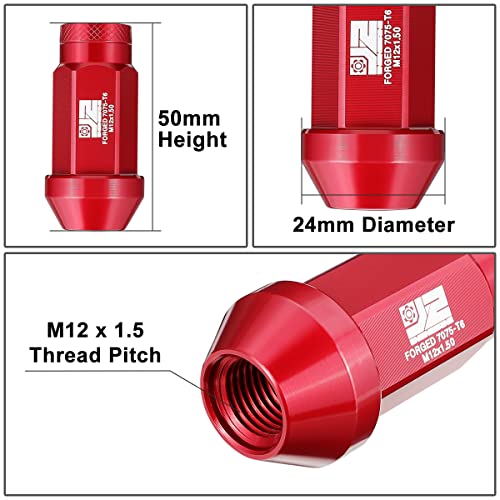 J2 Engineering J2-LN-T7-037-15-RD M12 x 1.5 T6-7075 Aluminum Closed End Lug Nuts w/Deep Drive Extension Adapter,Red, 24mm x 50mm