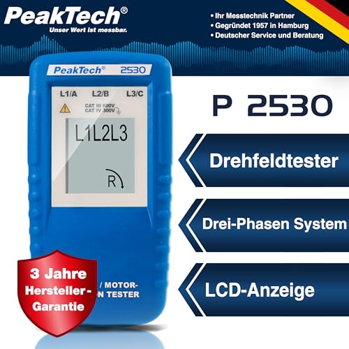 PeakTech 3-phase direction indicator, rotary field tester with LCD display, 1 piece, P 2530