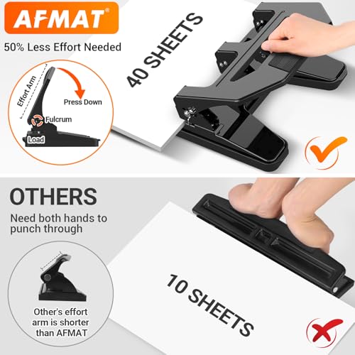 AFMAT Heavy Duty 3 Hole Puncher, 40-Sheet Paper Punch Heavy Duty, 50% Reduced Effort Three Hole Punch, 10K+ Uses, Metal Hole Puncher 3 Ring w/Large Tray, Bulit-in S.S. Paper Guide HPX2(Black) Black 40-Sheet Capacity