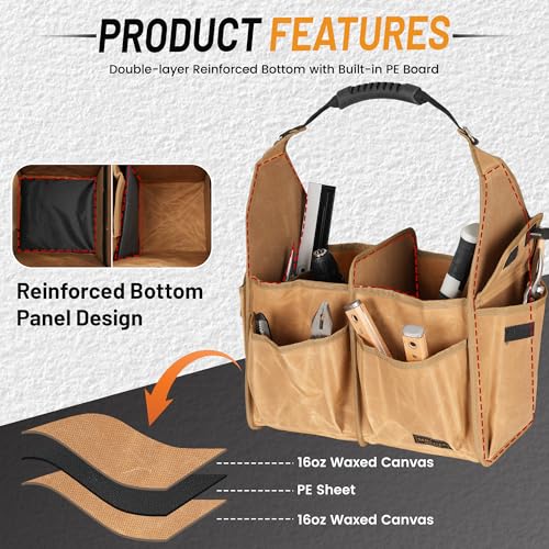 Tool Bag, 13.8-inch Heavy Duty Wide Mouth Water-Resistant Waxed Canvas Garden Bag with Reinforced Bottom for Tools, Wrenches, Screwdrivers | Khaki