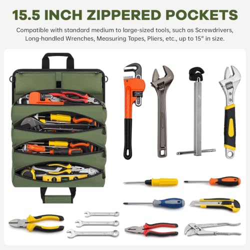 ANILD 15.5 Inch Extra Long Tool Bag Roll Up, Roll Up Tool Bag Organizer Green Large