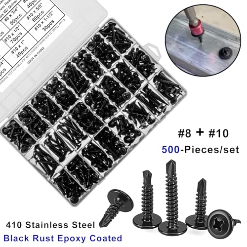 500Pcs Black Self Tapping Screws for Metal, 410 Stainless Steel, #8#10 Truss Head Self Drilling Screws, Sheet Metal Screws, Phillips Drive Deck Screws Kit with 1 Bits, Length 1/2" to 1-1/4''