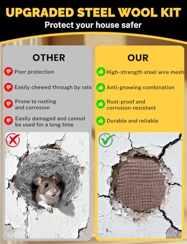 Steel Wool Mice Control - 4 Pack 3" x11 Ft Steel Wool 0000 & 1 Pack Wire Mesh with Wooden Stick & Gloves & Scissors, Upgrade 2in1 Match Mouse Hole Filler DIY Kit, Rodent Barrier Kit for House Garden
