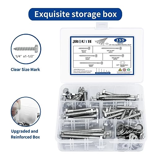 1/4 x 1 to 3" Hex Lag Screws, 155PCS Hex Lag Bolts Heavy Duty Wood Screws Washers Assortment Kit Stainless Steel 18-8 (304) 1/4 x 1"-3" (155 set) Silver