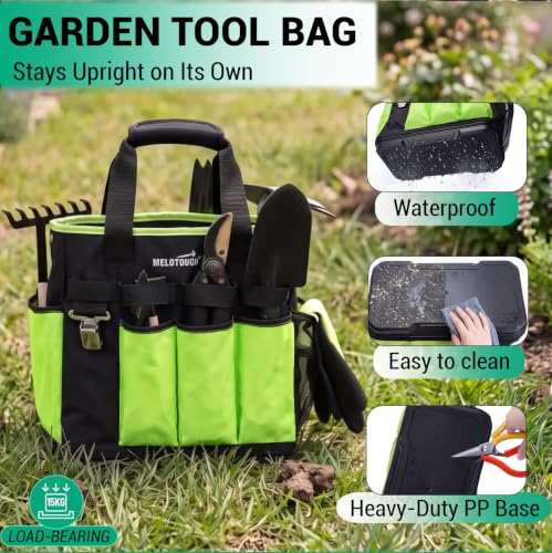 MELOTOUGH 12-Pocket Garden Tool Bag with Hard Bottom, Garden Caddy, Green
