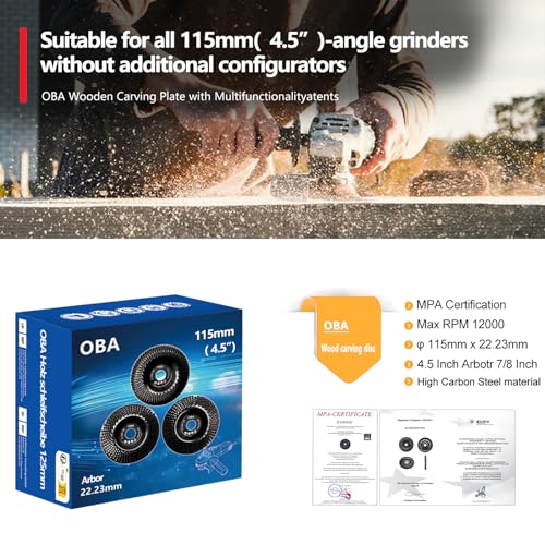 OBA Wood Carving Disc Set 3 PCS 4-1/2" Wood Grinding Wheel Sets with 5/8" Arbor for Angle Grinder Grinding and Polishing 3 Pcs set - 4.5 Inch