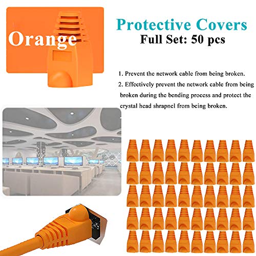 LEATBUY RJ45 Crimp Tool Kit Cat5 Cat5e Cat6 RJ45 Crimping Tool, 50PCS RJ45 Cat6 Connectors, 50PCS Covers, Network Cable Tester, Wire Crimper LAN Crimping Punch Down Cutter (ORANGE) Orange