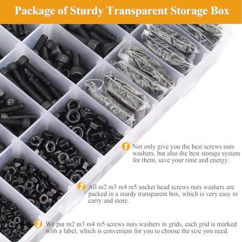 2180 Pieces Black M2 M3 M4 M5 Hex Socket Head Cap Screws Nuts Washers Assortment Kit, Metric Screw Assortment with Hex Wrenches, 12.9 Grade Alloy Steel, Fully Threaded M2/M3/M4/M5