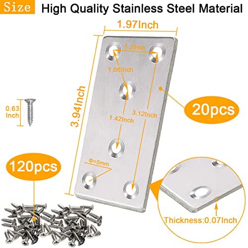 20 Pcs Silver Flat Bracket 4 x 2 Inch Stainless Steel Wood Joining Plates Mending Plate Flat Bracket with Screws, Steel Metal Straight Brace for Wood Furniture Cabinet Shelves 100MM-Silver