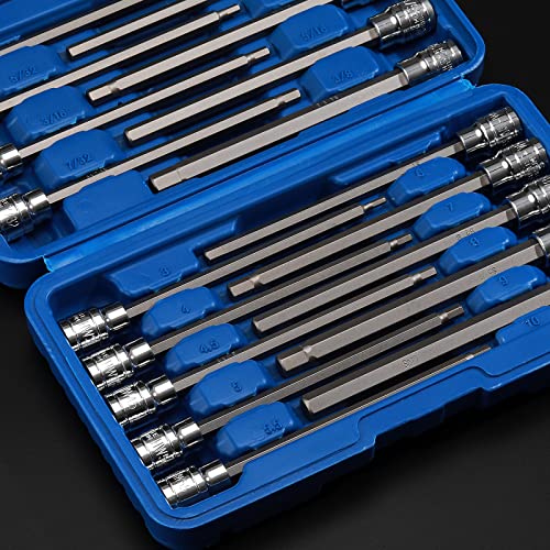 Mayouko 3/8" Drive Extra Long Allen Hex Bit Socket Set, S2&CR-V, Metreic&SAE, 18 Pieces, 1/8" - 3/8", 3-10 mm Hex(SAE&Metric)