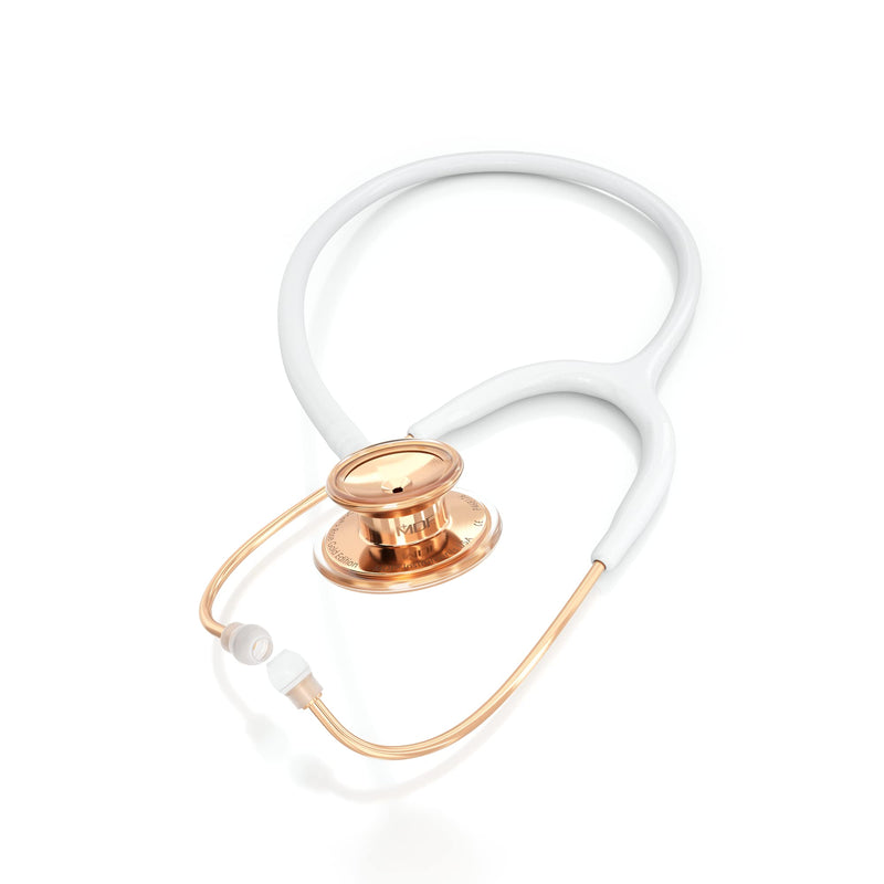 MDF Instruments, Rosegold MD One Stainless Steel Stethoscope, Adult, White Tube, Rosegold Chestpieces-Headset, MDF777RG29 Stainless Steel Rose Gold - White
