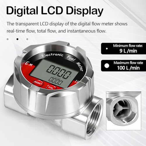 1 Inch Stainless Steel Flow Meter, Electronic Turbine Flow Meter with LCD Display Turbine Meter for Liquid Water, Petrol, Kerosene, Oil