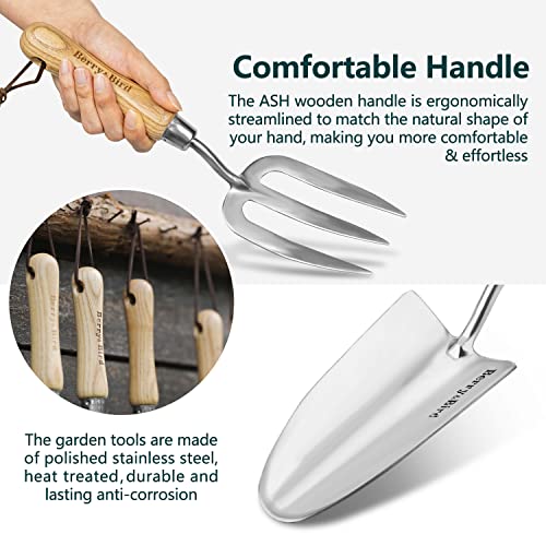 Berry&Bird Gardening Hand Tool Set - 3PCS Stainless Steel Garden Tool Kit Multifunctional Tool with Wooden Handle Trowel, Fork & Weeder for Weeding Planting Transplant, Ideal Garden Gift for Women&Men Gardening Tool