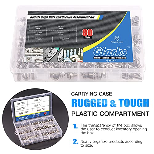 Glarks 80Sets/160Pcs M5 M6 Cage Nuts and Screws Set, Square Hole Hardware Cage Nuts & Mounting Screws Washers for Server Rack and Cabinet (M5 x 16mm, M5 x 20mm, M6 x 16mm, M6 x 20mm)