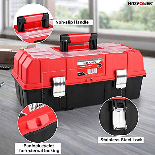 MAXPOWER 16-Inch Tool Box, Three-Layer Folding Plastic Storage Toolbox, Multi-Function Organizer with Tray and Dividers, Tools Box with Stainless Steel Lock