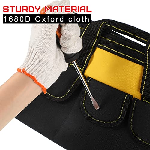 4 Pieces Tool Bag with Waterproof Strong Molded Base Multi Pockets Wide Mouth Tool Tote Multifunctional Large Capacity Organizer Heavy Duty Tools Storage Bag for Men Carpenter Electrician 13 Inch Multicolor