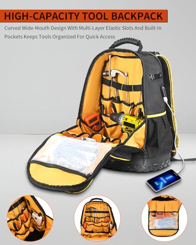Heavy Duty Tool Backpack with Laptop Compartment, Hard Bottom & Tool Pouch Durable Electrician Tool Bag Organizer with Multiple Pockets, USB Port, Water Bottle Holders, HVAC Work Backpack for Men