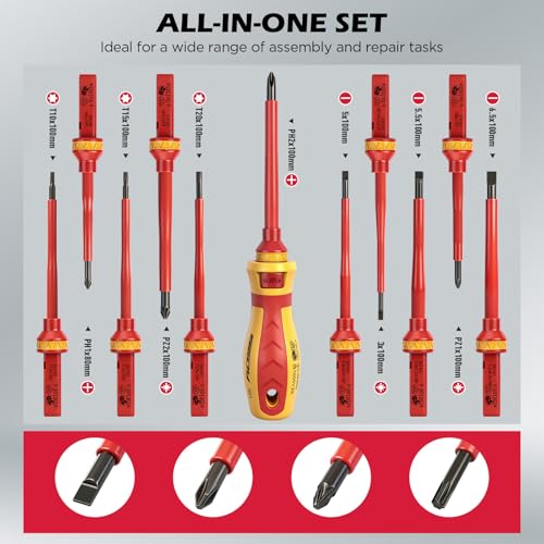 1000V Insulated Electrician Screwdriver Set - 13-Piece Professional Electrical Screwdriver Set Insulation Handle CRV Steel Magnetic Phillips Slotted Pozi Torx Tips VDE & GS Certified 13 Pcs Vde Interchangeable Pro