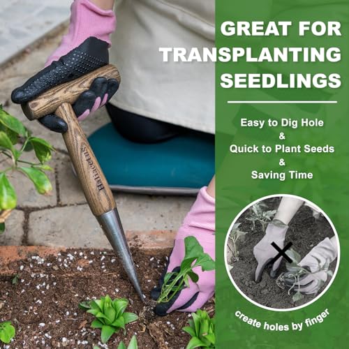 Hand Dibber with 5 inches Measuring Scale, Easy to Grip L-Shaped Wood Handle Dibbler, Stainless Steel Mattock with Sharp Pick and Cutting Edge for Breaking up Heavy Clay Soil