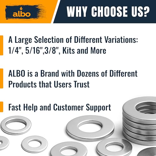 ALBO 250 Pcs 304 Stainless Steel Metric Fender Washers, 7 Sizes Set 250pcs