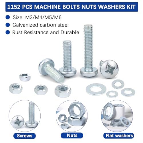 1152PCS Nuts and Bolts Assortment Kit, M3/M4/M5/M6 Phillips Pan Head Machine Screws and Nuts and Flat Washers,16 Sizes Zinc Plat Steel Cross Slotted Round Head Bolts Sets 1152 PCS Metric Screw